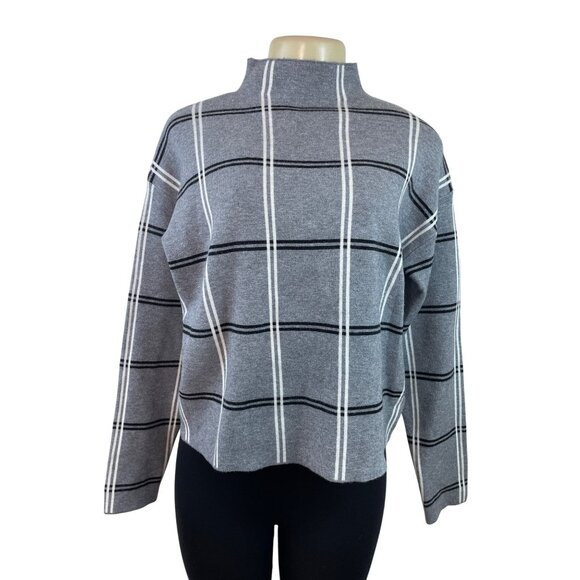 Max Studio Gray & White Plaid Mock Neck Long Sleeve Sweater Womens Size L - Picture 1 of 6